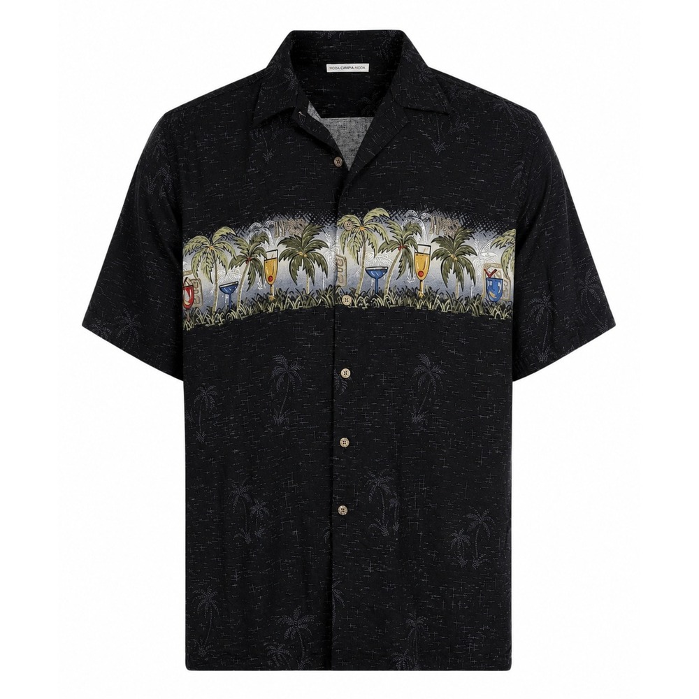 Moda‎ Campia Moda Mens Large Rayon Hawaiian Shirt Black Tropical Cocktail